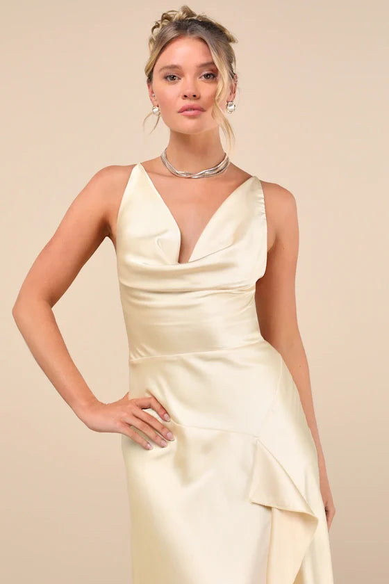 Evette Pale Yellow Satin Cowl Ruffled Handkerchief Midi Dress