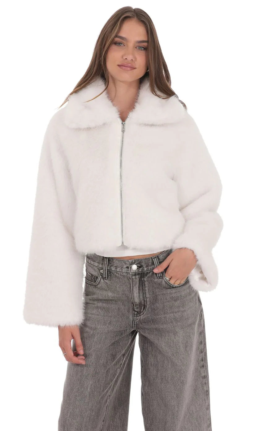 Faux Fur Cropped Jacket in Black